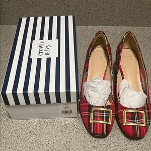 Belk Crown & Ivy Beckie Red Plaid Buckle Pump 8.5M.
